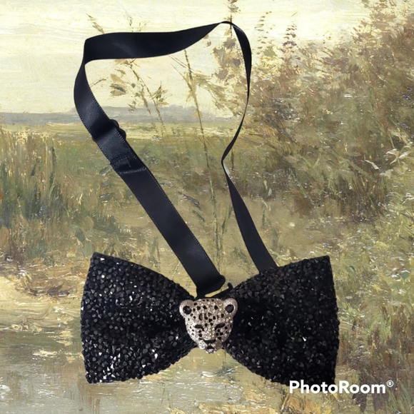 Mens blinged out leopard bowtie wedding groom black tie suit custom handmade - Picture 12 of 15
